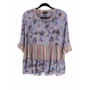 GiGio USA Medium Blue Floral Mixed Print Boho Peasant Tunic Tiered Ruffle Sleeve